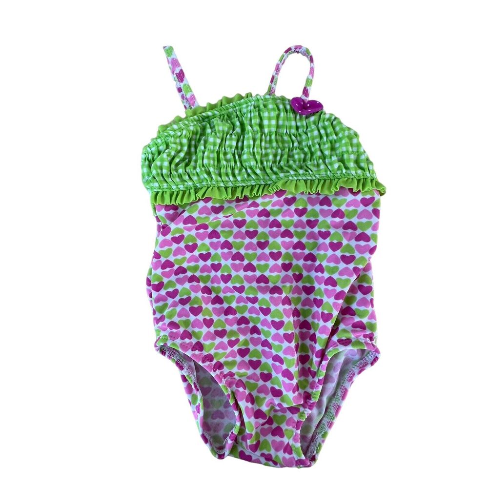 Okie Dokie One Piece Hearts Gingham Bow Girls Bathing Suit 24 months
